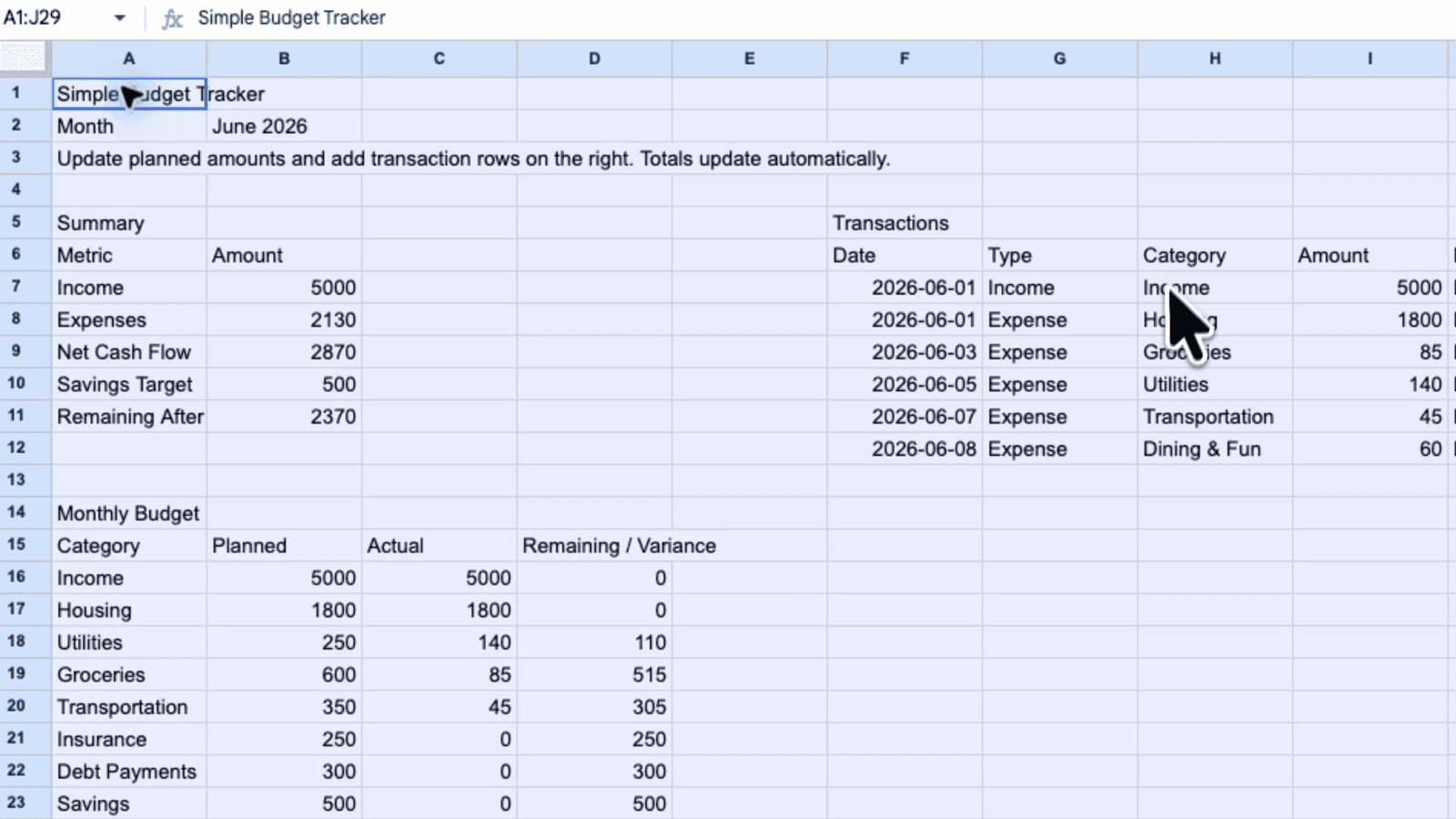 A simple Google Sheets budget tracker created during the Codex walkthrough.