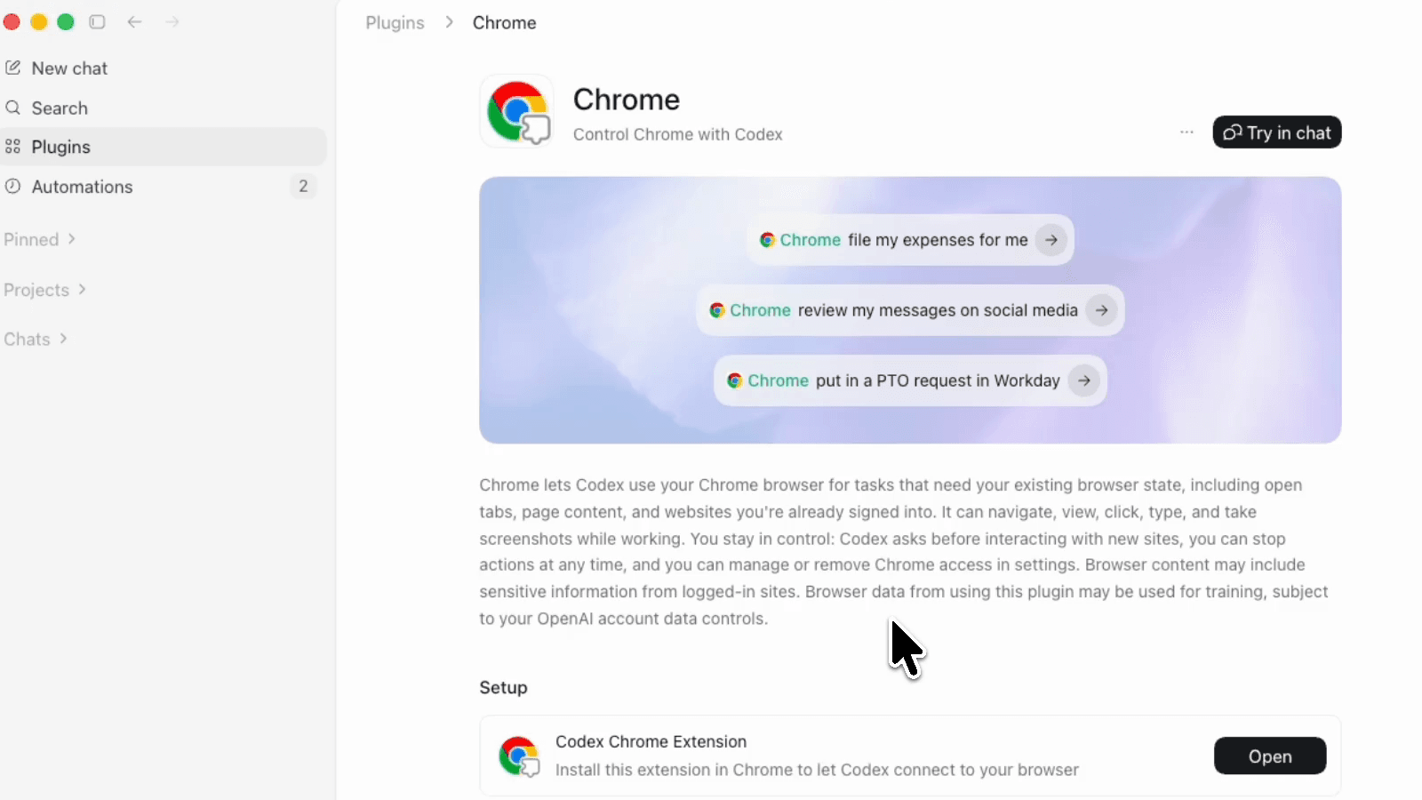 Codex plugin setup screen showing the Chrome plugin in the Plugins area.