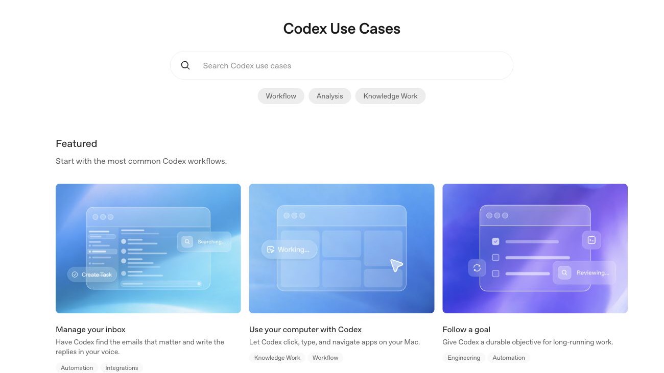 Screenshot of the OpenAI Codex use cases page showing search, category tags, and featured use-case cards.