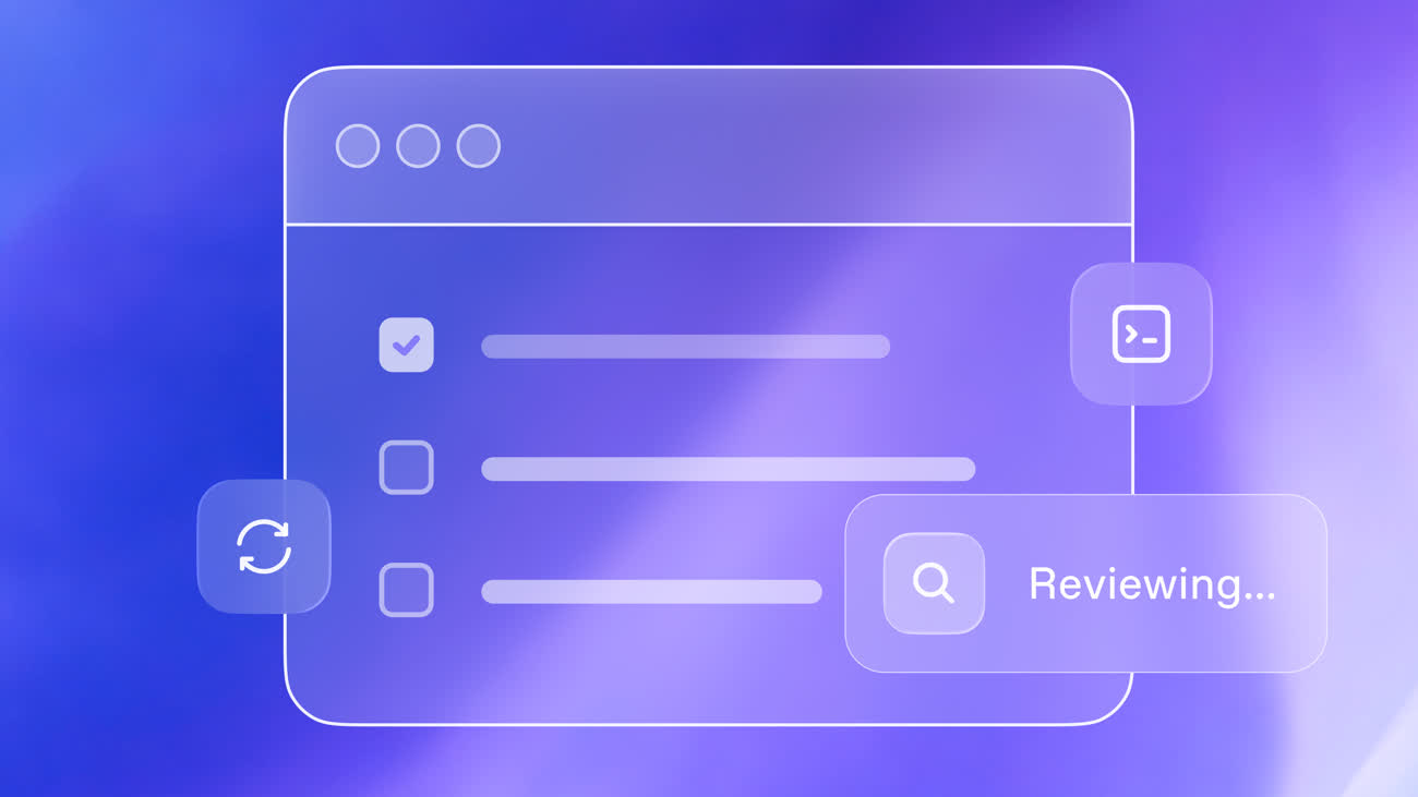 OpenAI Codex use-case artwork showing a checklist-style goal workflow with reviewing and terminal overlays.