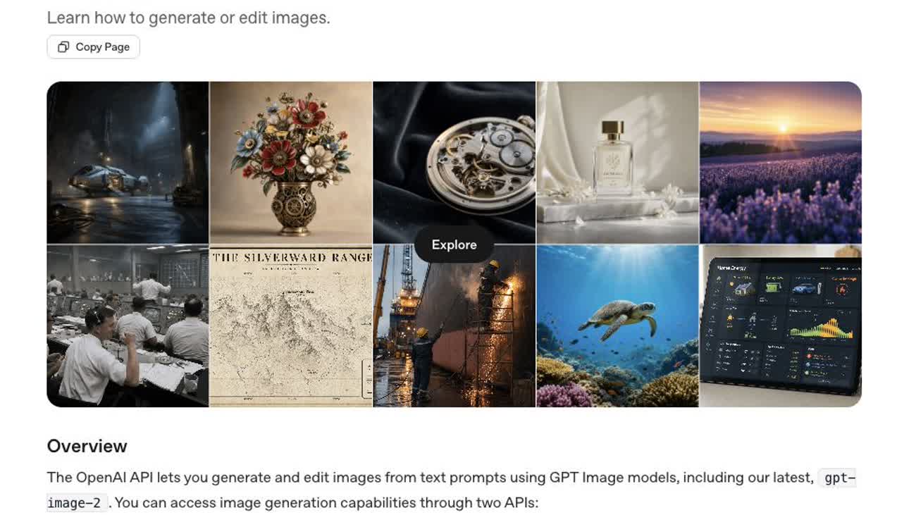 Screenshot of OpenAI's image generation docs showing a gallery of generated image examples.