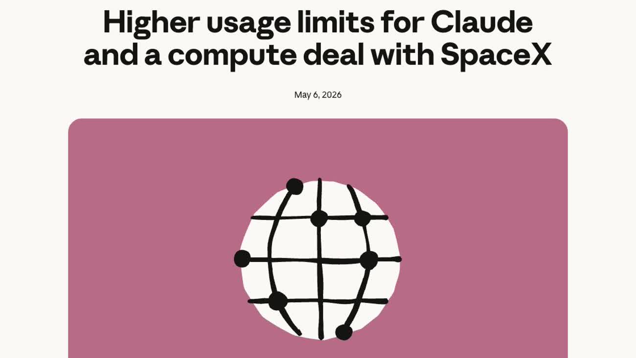 Screenshot of Anthropic's SpaceX compute announcement with the partnership headline and hero artwork.