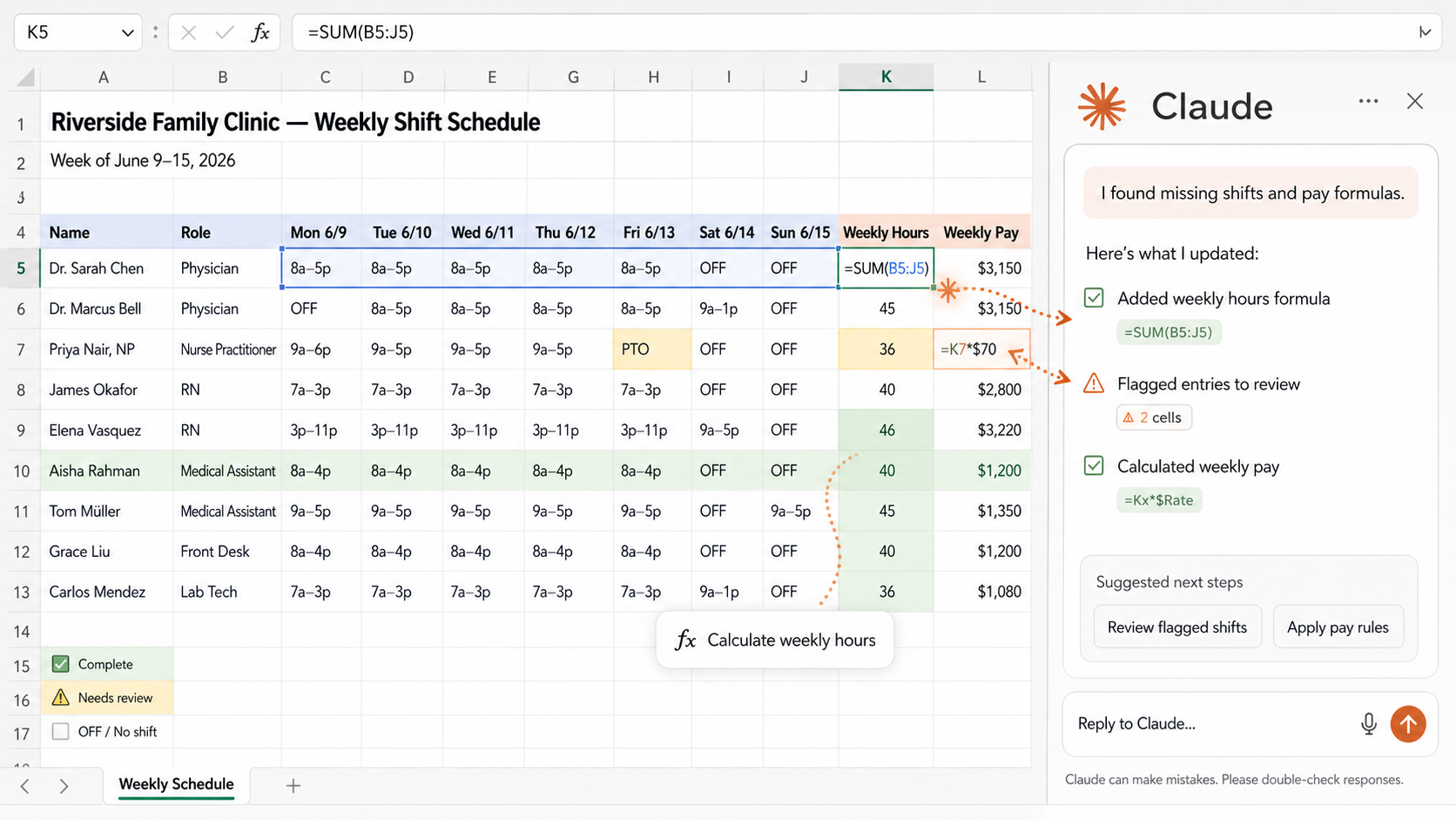 An Excel schedule with the Claude add-in open, showing AI reviewing cells, adding formulas, highlighting rows, and flagging cleanup tasks.